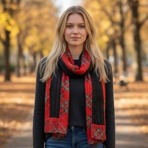 Giani Bernini Scarf‎ Red Black Plaid Gift Box Print Sheer Holiday Size 64"x13"